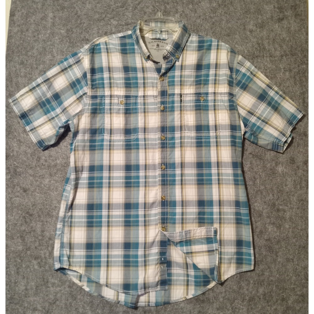 G.H. Bass Button Down Shirt Mens Large Blue Plaid Short Sleeve Utility Pockets